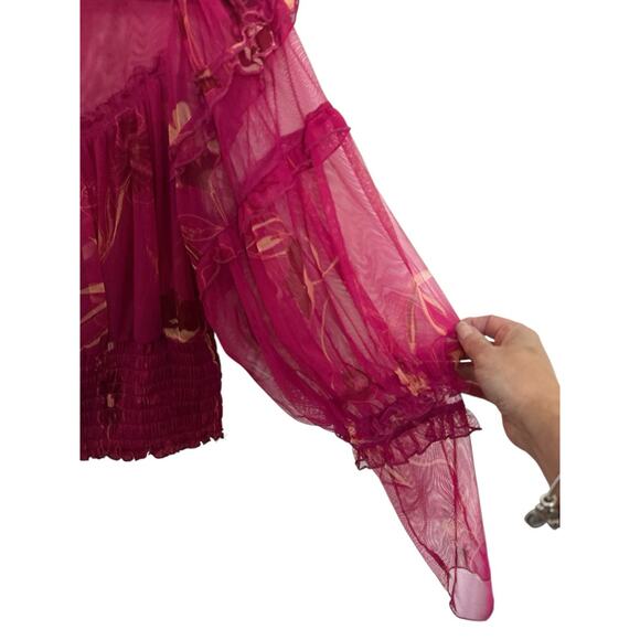 Free People Time For Shine Mesh Cropped Smocked Pink Purple Floral Blouse Top L - Picture 9 of 11